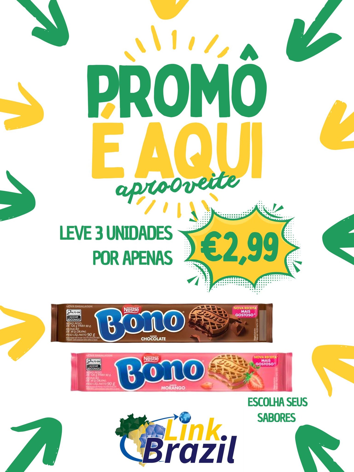 PROMOCAO Biscoito Bono Recheado Sabor Chocolate - 90G - 3 UNIDADES 2.99€