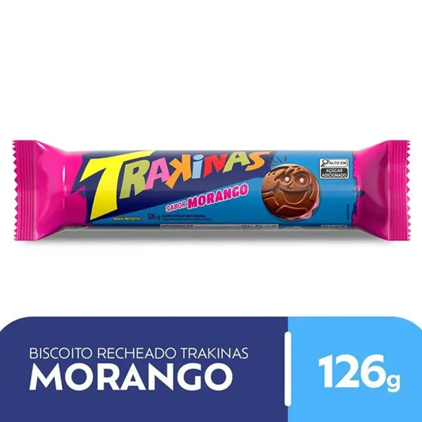 Produto Biscoito Recheado Morango Trakinas 126g